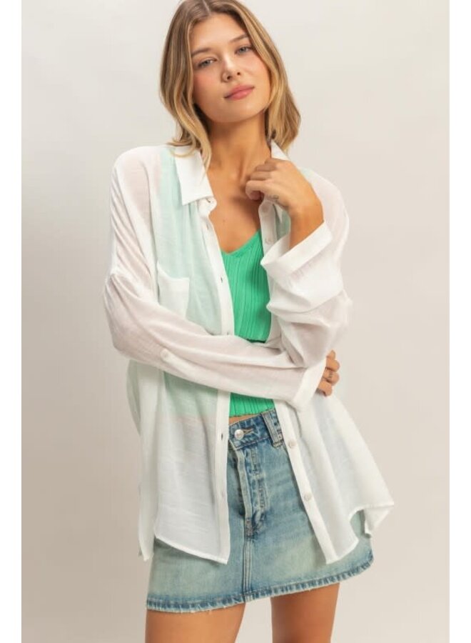 SHEER CONFIDENCE BUTTON DOWN TOP-WHITE