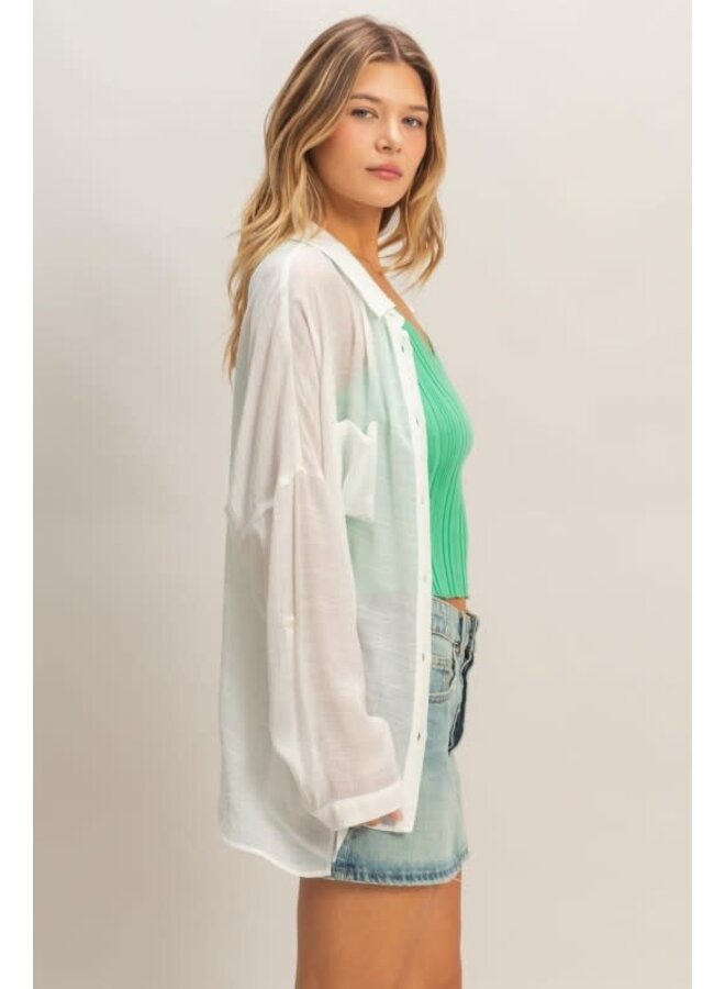 SHEER CONFIDENCE BUTTON DOWN TOP-WHITE