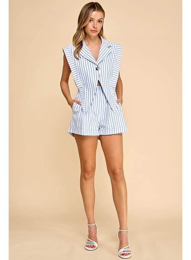 TUXEDO ROMPER-BLUE & WHITE STRIPED