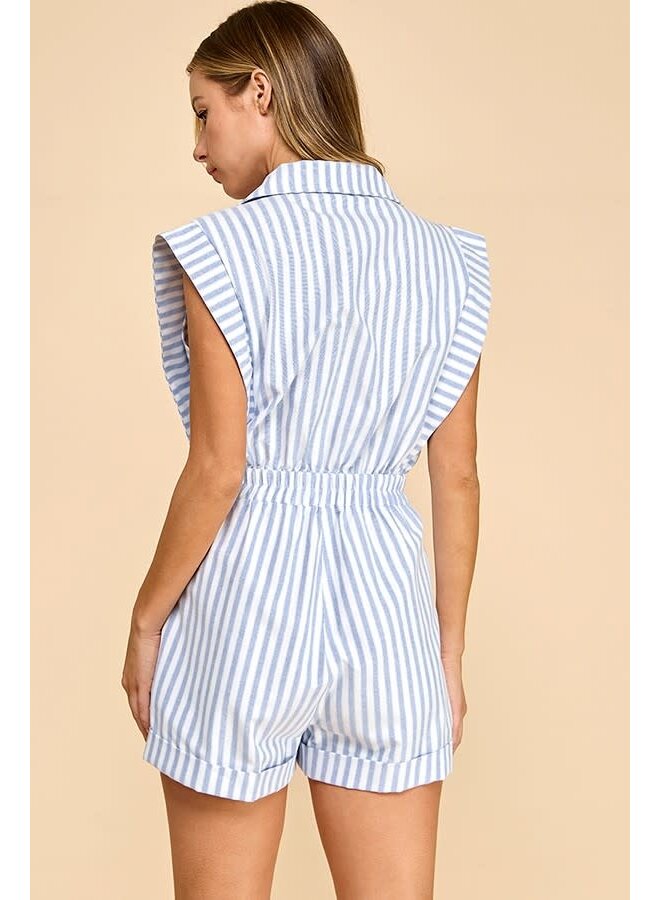 TUXEDO ROMPER-BLUE & WHITE STRIPED