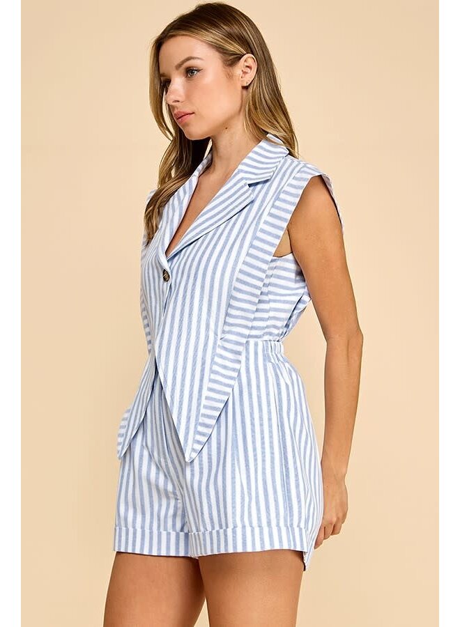 TUXEDO ROMPER-BLUE & WHITE STRIPED