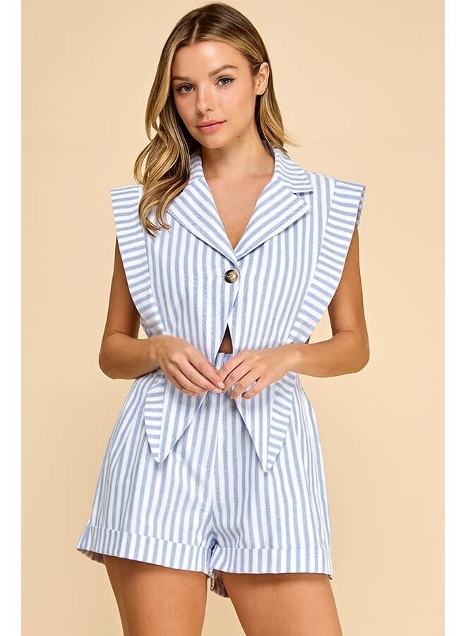 TUXEDO ROMPER-BLUE & WHITE STRIPED
