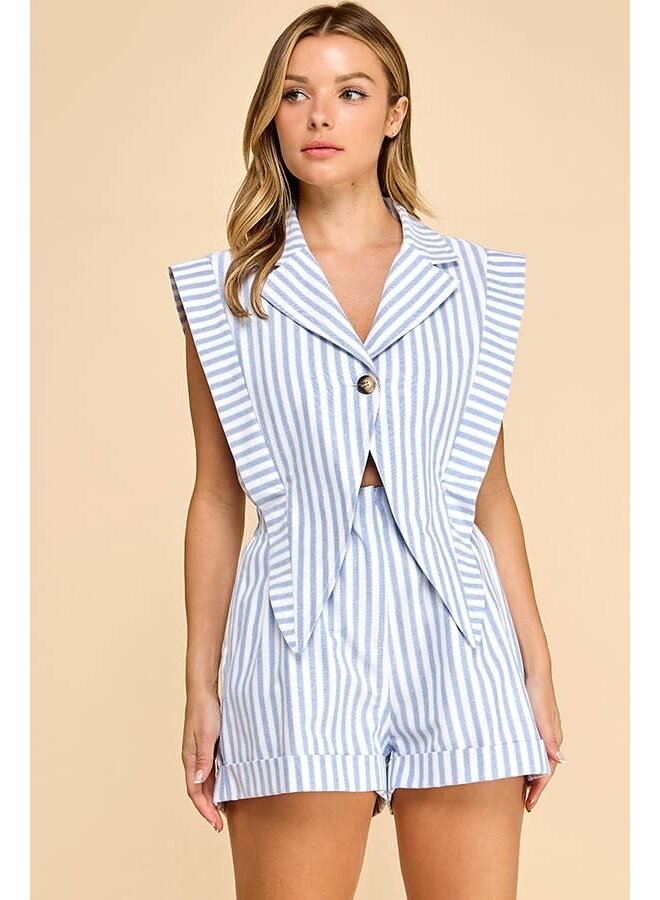 TUXEDO ROMPER-BLUE & WHITE STRIPED