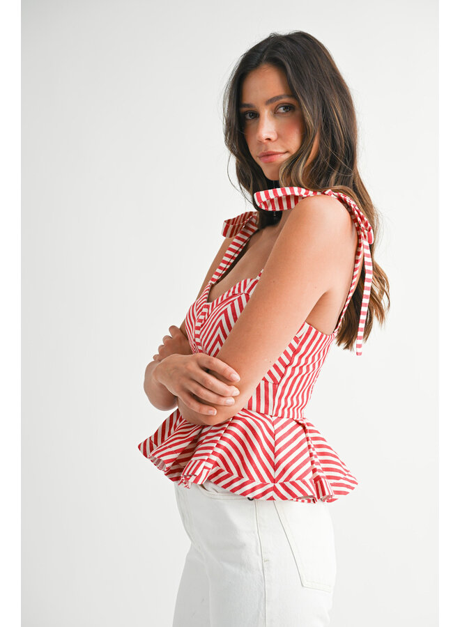 DOCKSIDE DARLING STRIPED PEPLUM TOP-RED