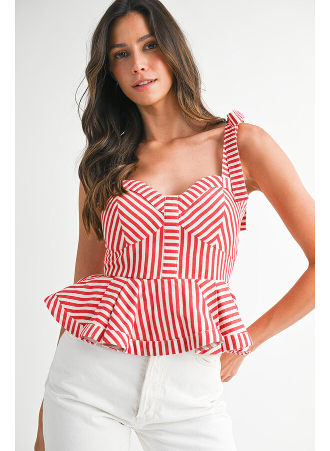 DOCKSIDE DARLING STRIPED PEPLUM TOP-RED