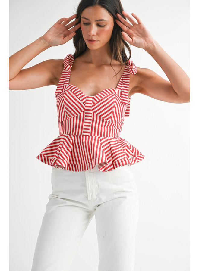 DOCKSIDE DARLING STRIPED PEPLUM TOP-RED