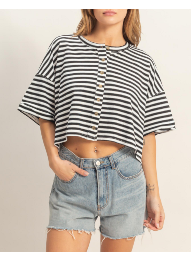 BOXY STRIPED BUTTON DOWN TOP-BLACK