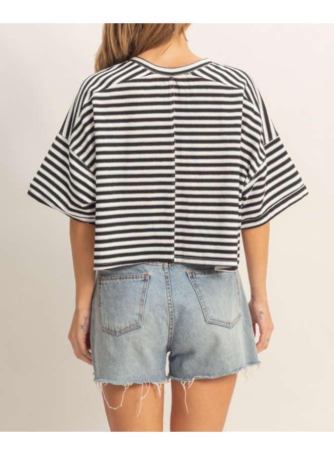 BOXY STRIPED BUTTON DOWN TOP-BLACK