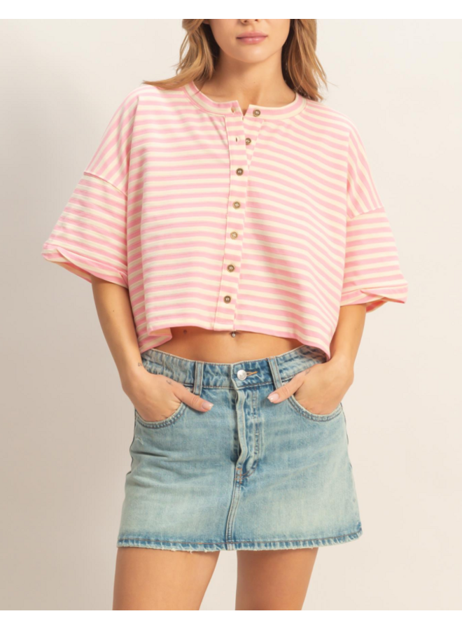 BOXY STRIPED BUTTON DOWN TOP-PINK