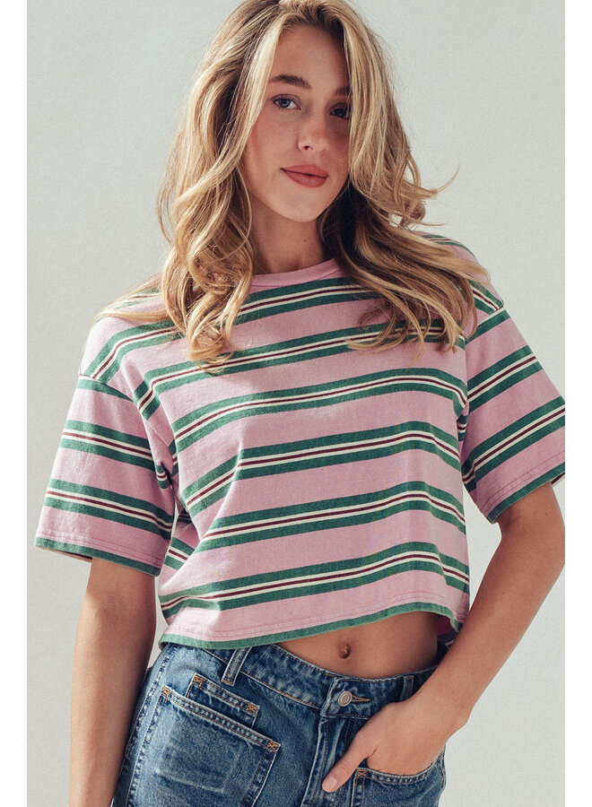 STRIPE ME SIDEWAYS CROP TOP-PINK/GREEN