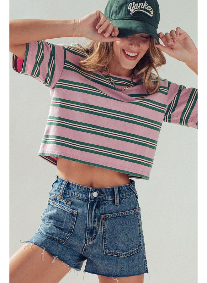 STRIPE ME SIDEWAYS CROP TOP-PINK/GREEN