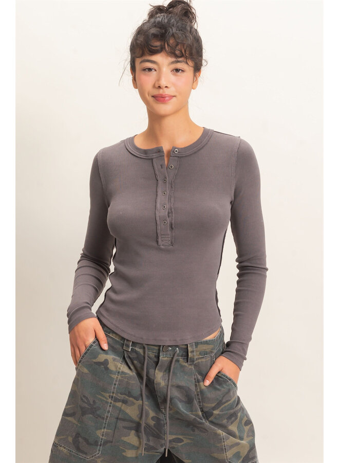 CASUALLY CUTE LONG SLEEVE TOP-CHARCOAL