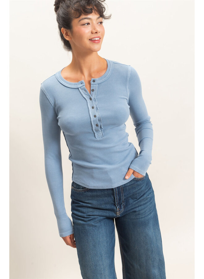 CASUALLY CUTE LONG SLEEVE TOP-DUSTY BLUE