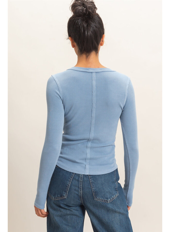CASUALLY CUTE LONG SLEEVE TOP-DUSTY BLUE