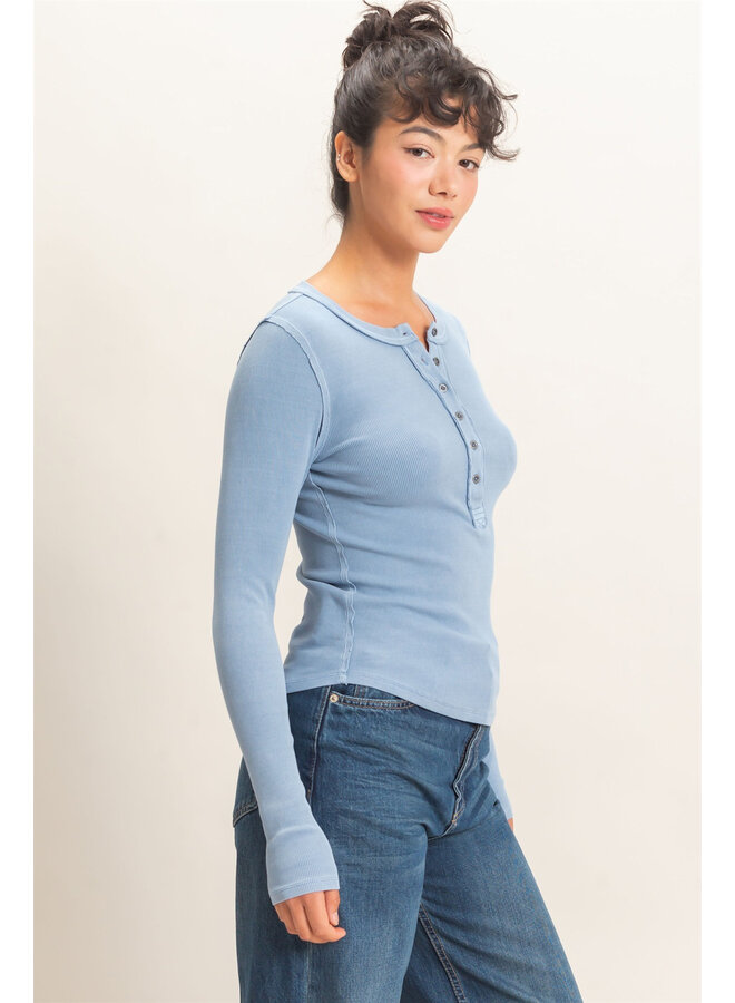 CASUALLY CUTE LONG SLEEVE TOP-DUSTY BLUE