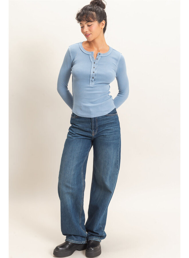 CASUALLY CUTE LONG SLEEVE TOP-DUSTY BLUE