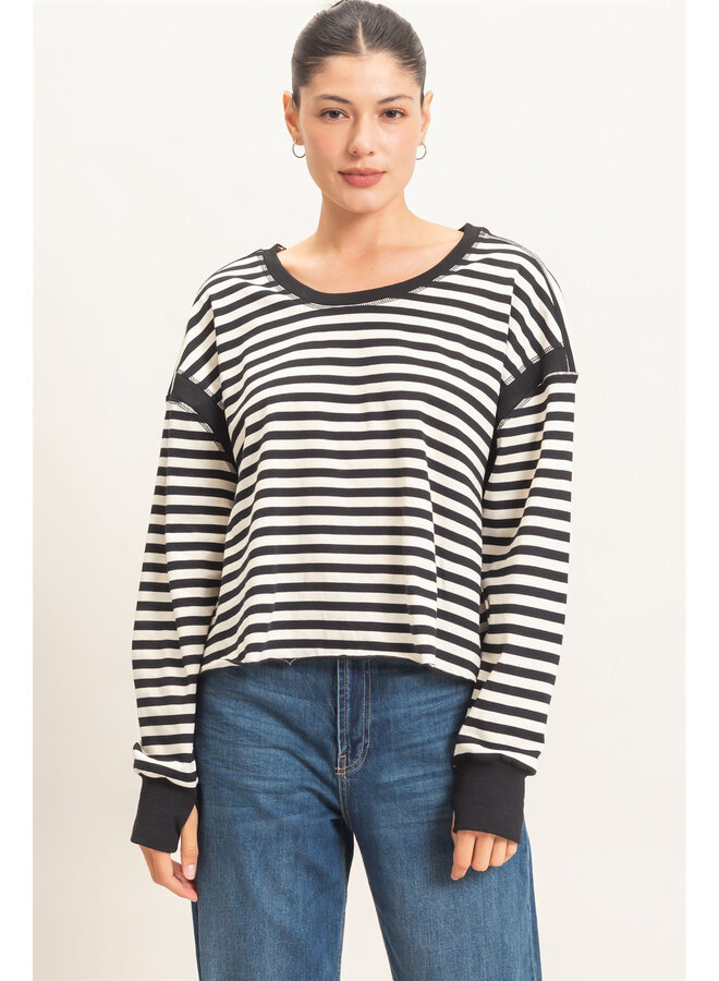 CATCH MY BACKSIDE STRIPED LONG-SLEEVE TOP-BLACK