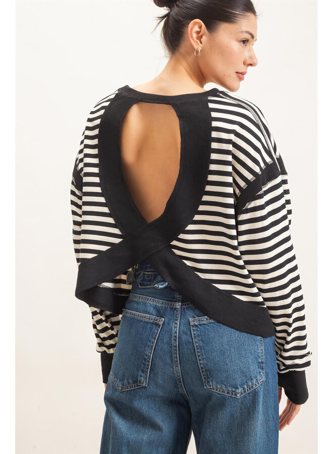 CATCH MY BACKSIDE STRIPED LONG-SLEEVE TOP-BLACK