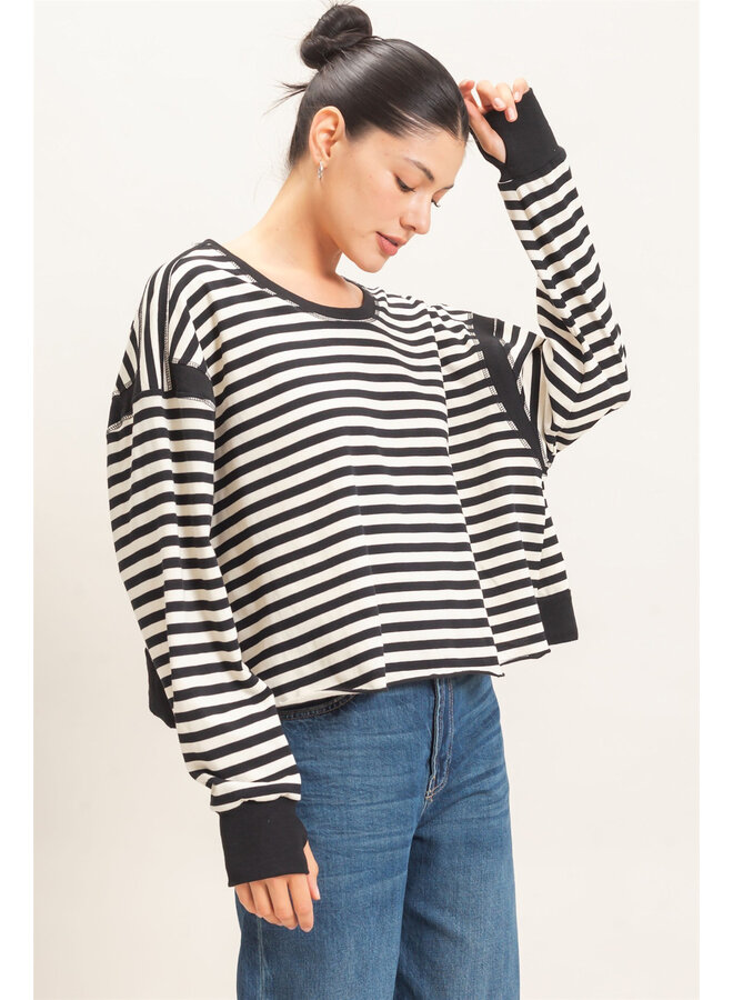 CATCH MY BACKSIDE STRIPED LONG-SLEEVE TOP-BLACK