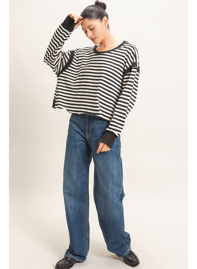 CATCH MY BACKSIDE STRIPED LONG-SLEEVE TOP-BLACK