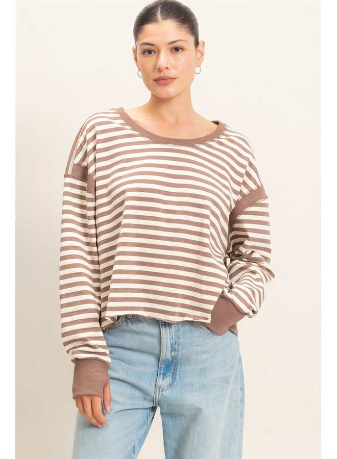 CATCH MY BACKSIDE STRIPED LONG-SLEEVE TOP-MOCHA