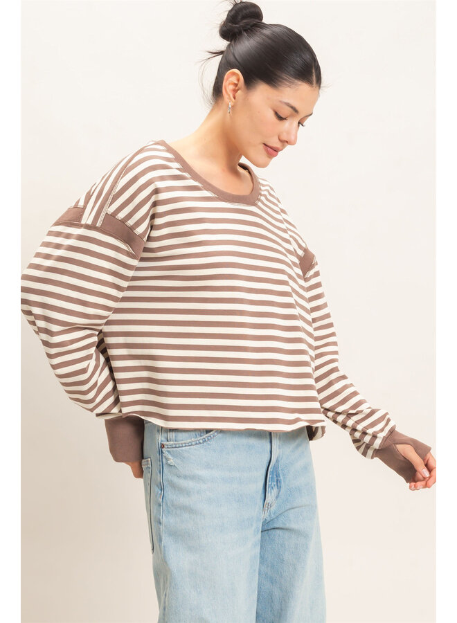 CATCH MY BACKSIDE STRIPED LONG-SLEEVE TOP-MOCHA