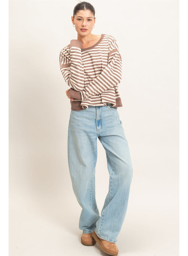 CATCH MY BACKSIDE STRIPED LONG-SLEEVE TOP-MOCHA