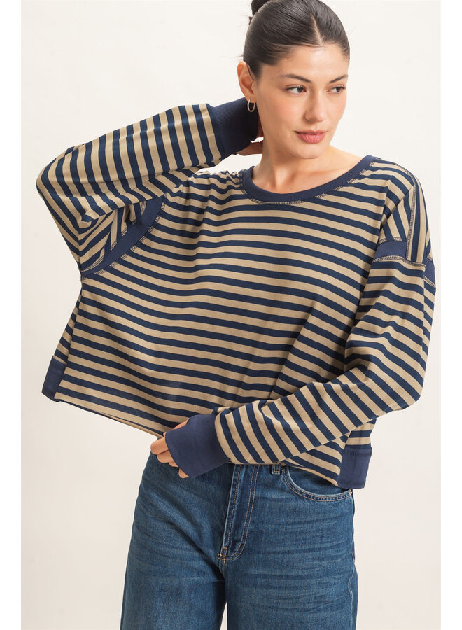 CATCH MY BACKSIDE STRIPED LONG-SLEEVE TOP-NAVY