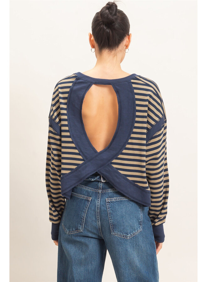 CATCH MY BACKSIDE STRIPED LONG-SLEEVE TOP-NAVY