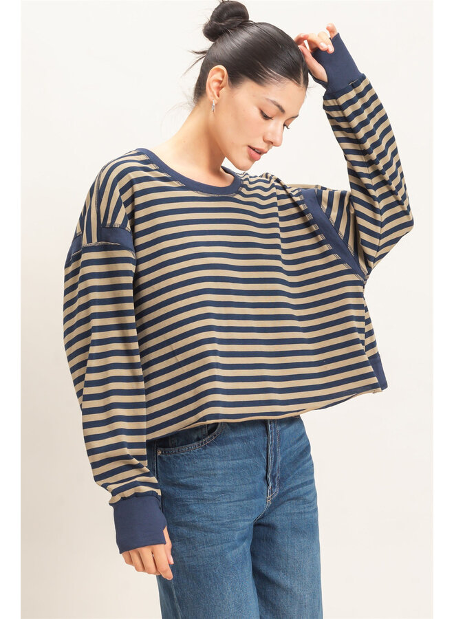 CATCH MY BACKSIDE STRIPED LONG-SLEEVE TOP-NAVY