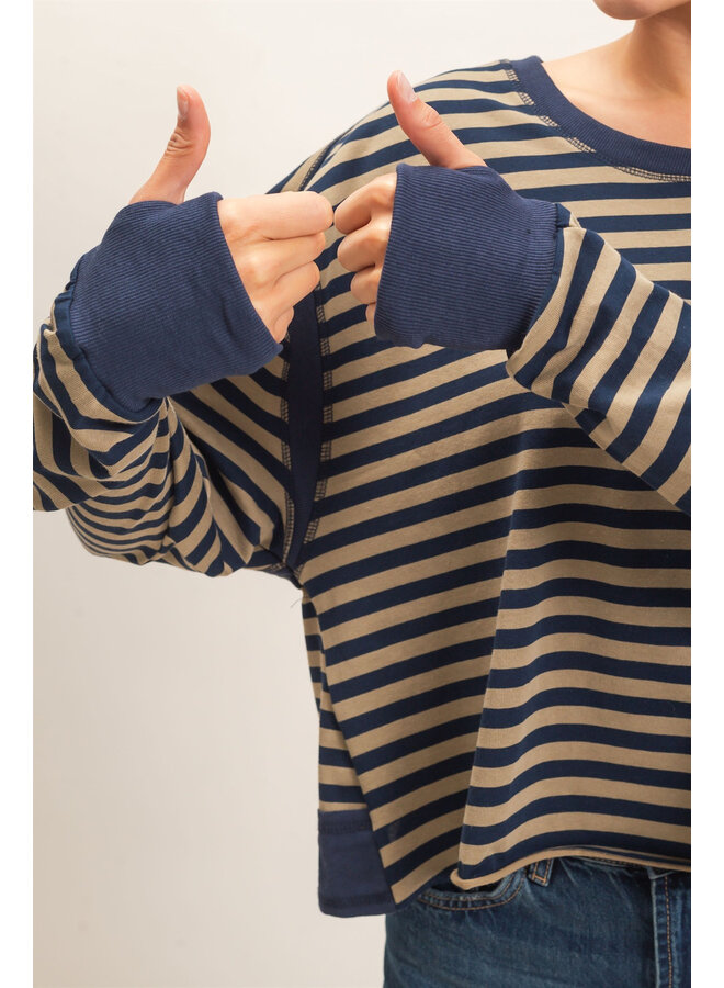 CATCH MY BACKSIDE STRIPED LONG-SLEEVE TOP-NAVY