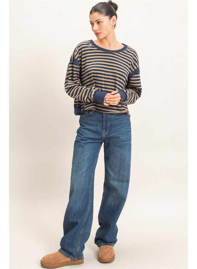 CATCH MY BACKSIDE STRIPED LONG-SLEEVE TOP-NAVY