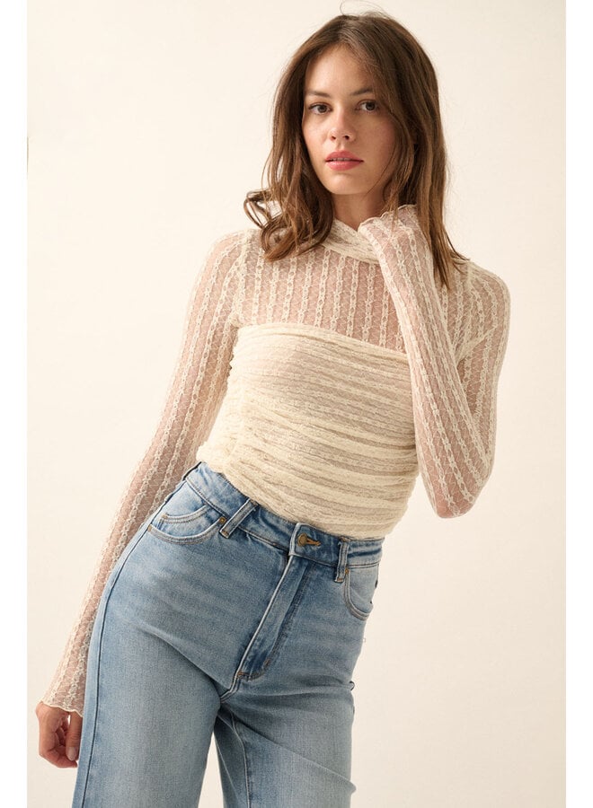 LACE & LINES MOCK NECK TOP-CREAM