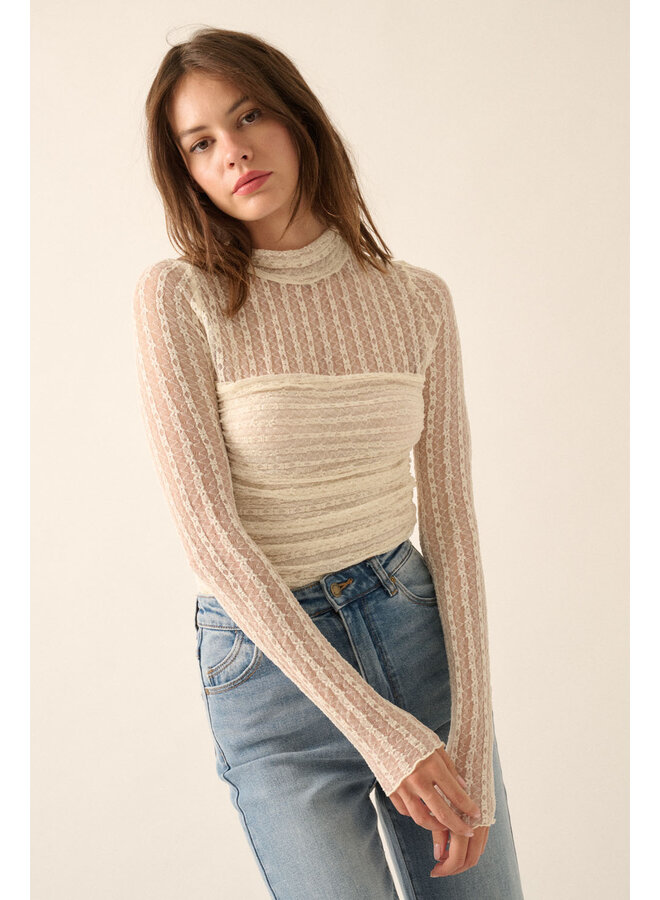 LACE & LINES MOCK NECK TOP-CREAM