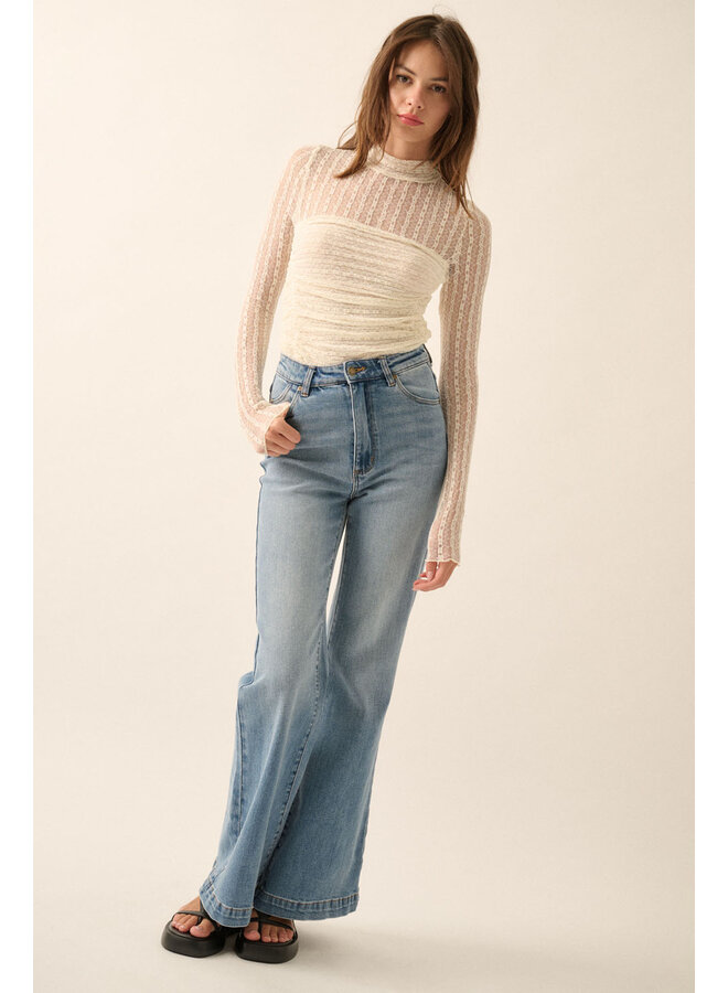 LACE & LINES MOCK NECK TOP-CREAM