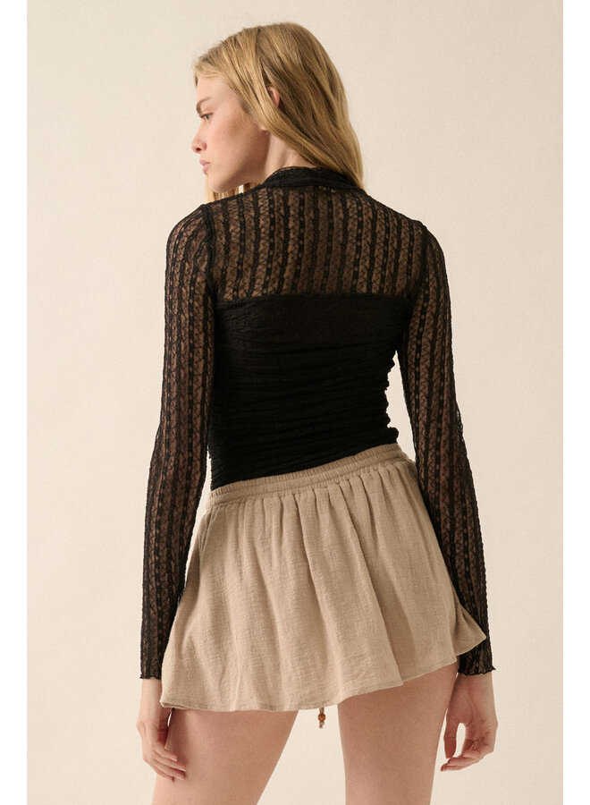 LACE & LINES MOCK NECK TOP-BLACK