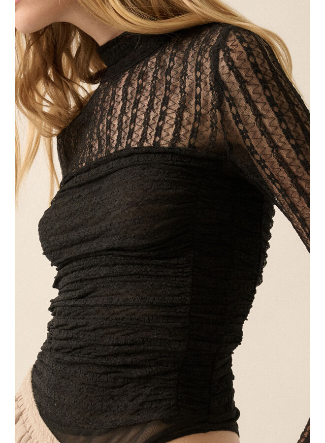 LACE & LINES MOCK NECK TOP-BLACK