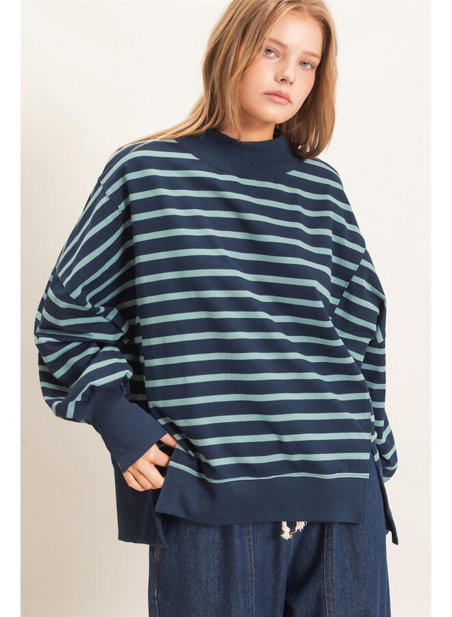 OVERSIZED & OBSESSED STRIPED MOCK NECK TOP-NAVY/SAGE