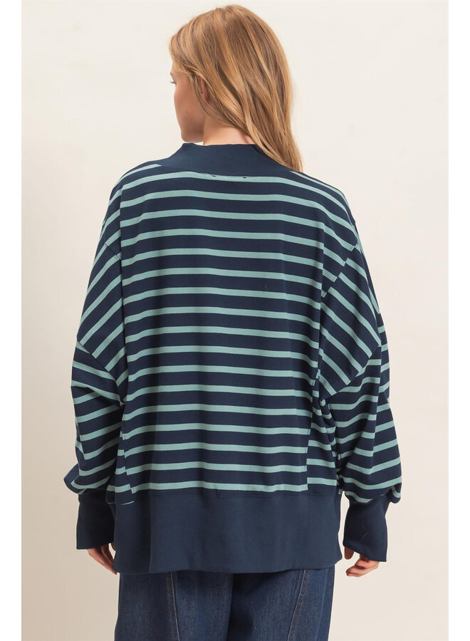 OVERSIZED & OBSESSED STRIPED MOCK NECK TOP-NAVY/SAGE