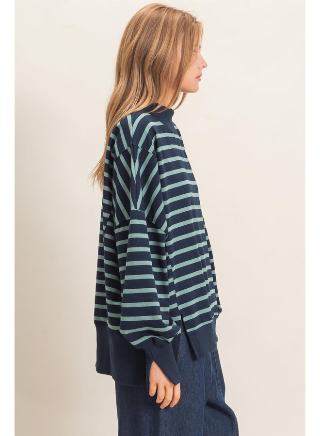 OVERSIZED & OBSESSED STRIPED MOCK NECK TOP-NAVY/SAGE