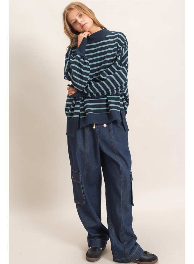 OVERSIZED & OBSESSED STRIPED MOCK NECK TOP-NAVY/SAGE