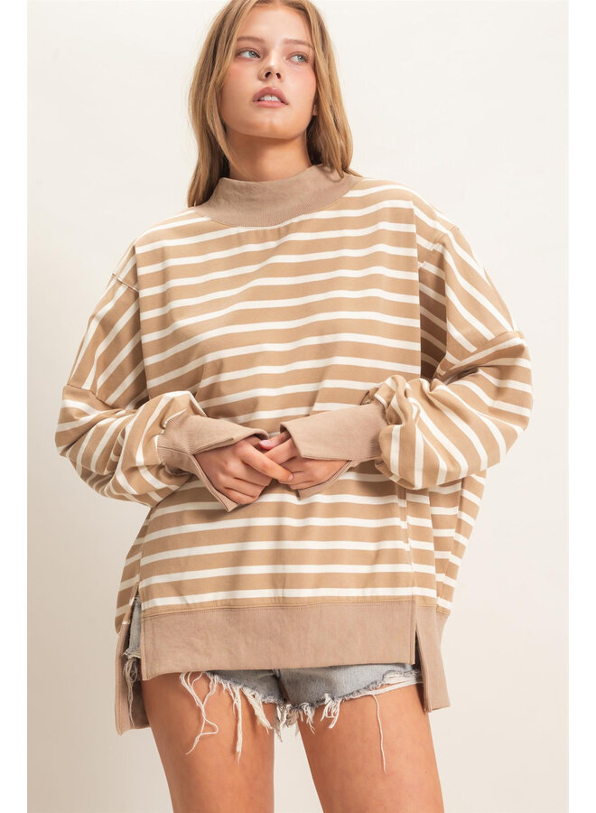 OVERSIZED & OBSESSED STRIPED MOCK NECK TOP-TAUPE/CREAM