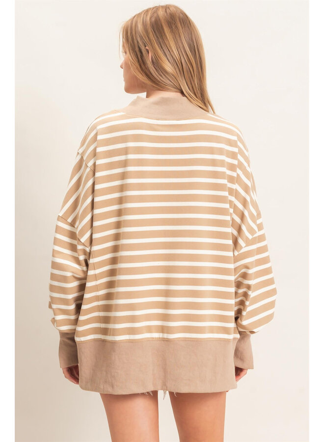 OVERSIZED & OBSESSED STRIPED MOCK NECK TOP-TAUPE/CREAM