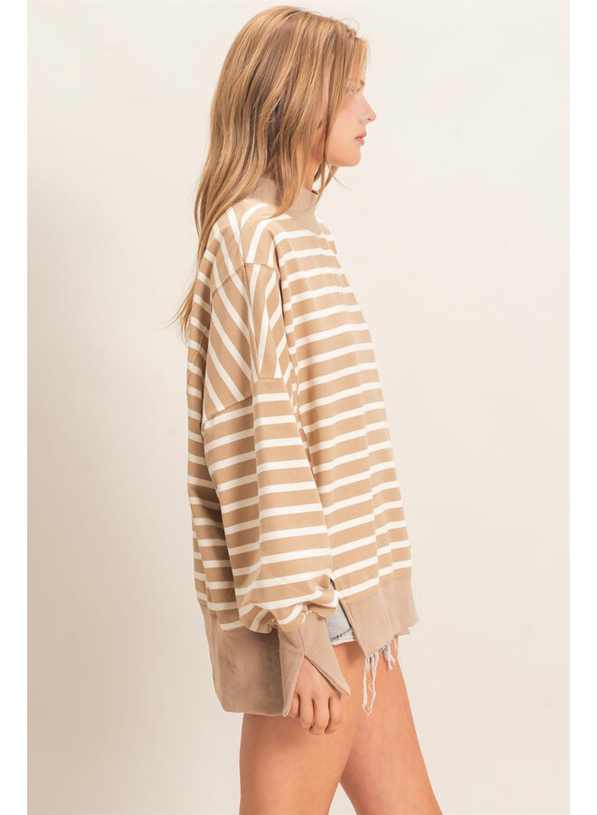OVERSIZED & OBSESSED STRIPED MOCK NECK TOP-TAUPE/CREAM