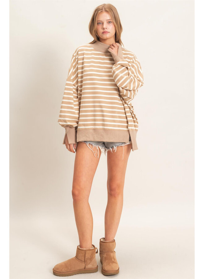OVERSIZED & OBSESSED STRIPED MOCK NECK TOP-TAUPE/CREAM