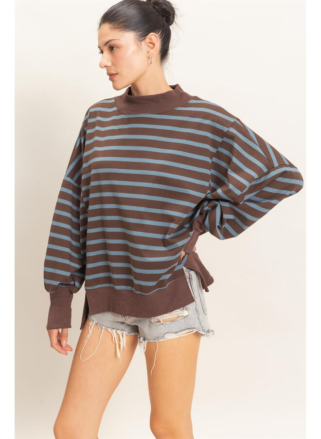 OVERSIZED & OBSESSED STRIPED MOCK NECK TOP-BROWN/BLUE