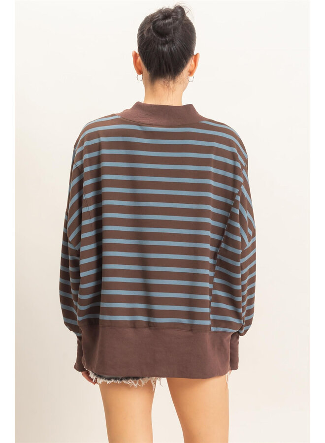 OVERSIZED & OBSESSED STRIPED MOCK NECK TOP-BROWN/BLUE
