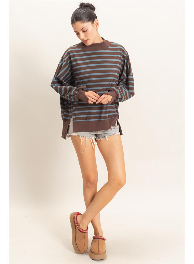 OVERSIZED & OBSESSED STRIPED MOCK NECK TOP-BROWN/BLUE