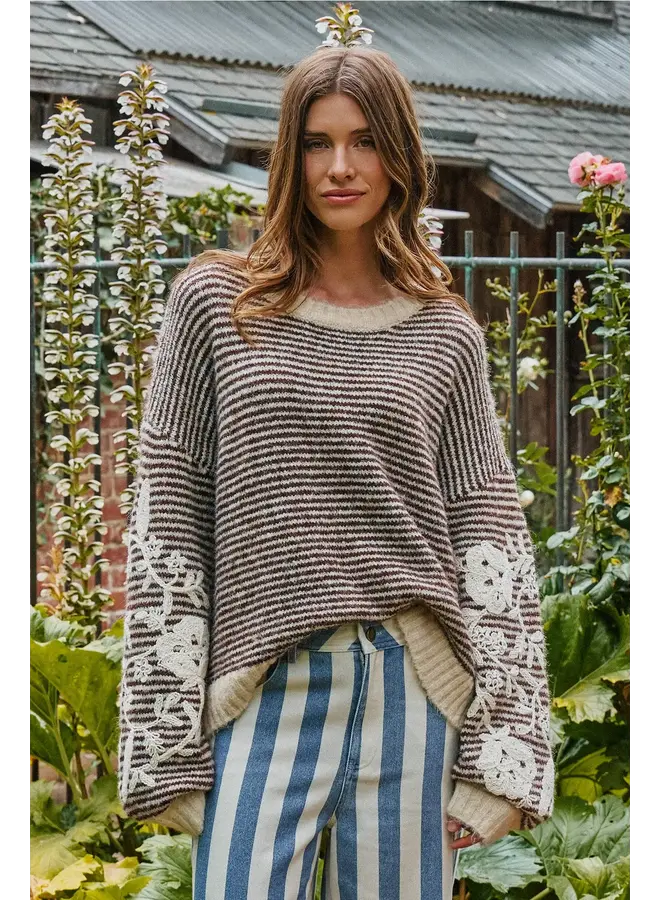 STRIPES IN BLOOM EMBROIDERED KNIT TOP