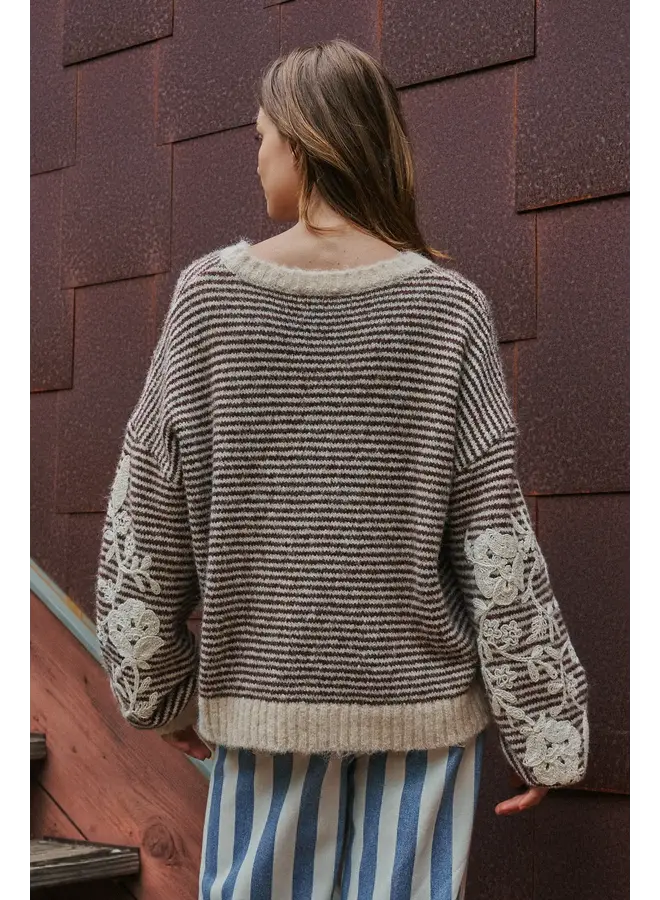 STRIPES IN BLOOM EMBROIDERED KNIT TOP